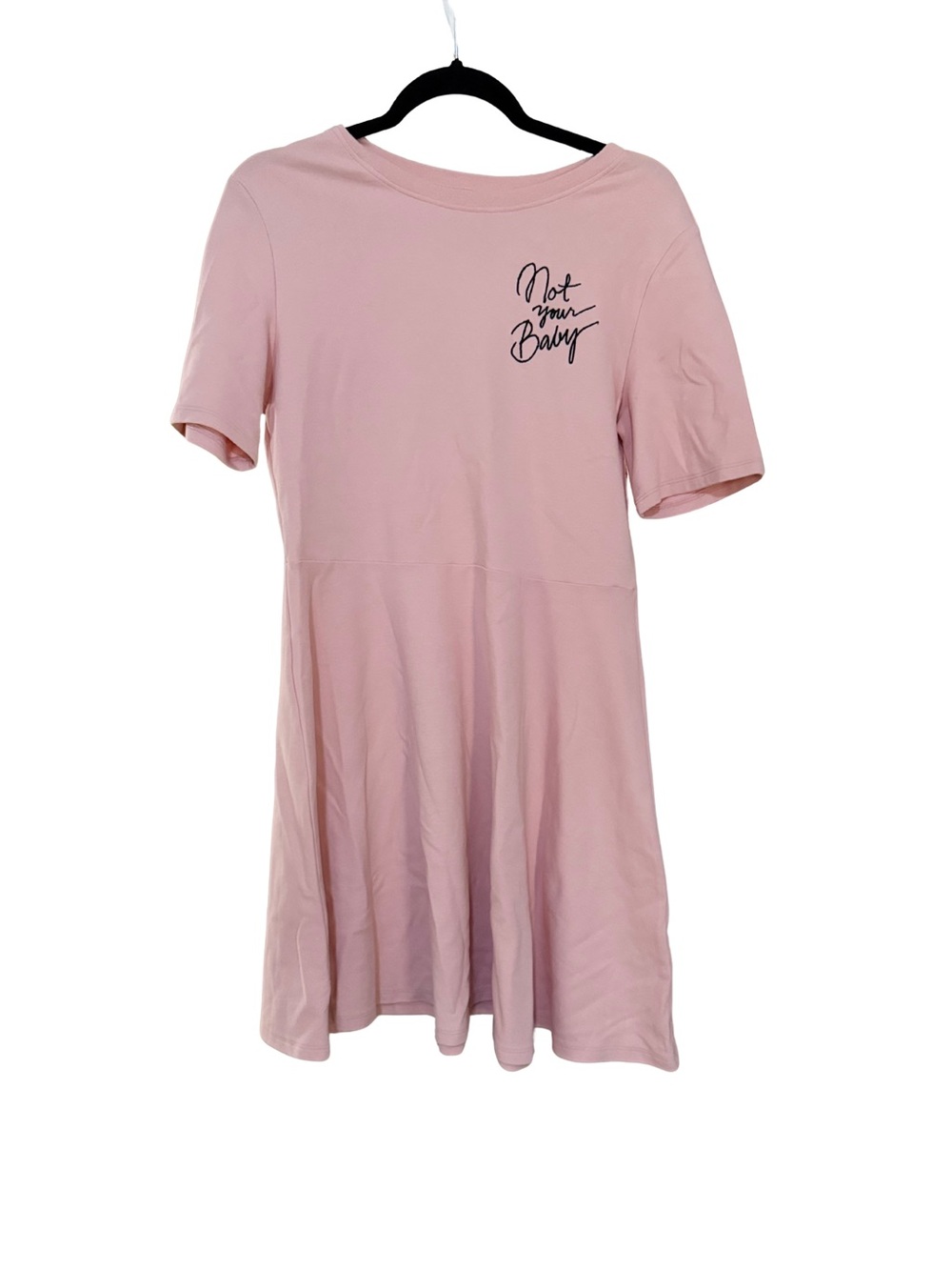 “Not Your Baby” embroidered H&M / Divided Pink Short Sleeve Mini Swing Dress